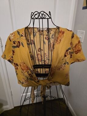 Cotton Candy Mustard Floral Tie-Front Crop Top - Vintage Style